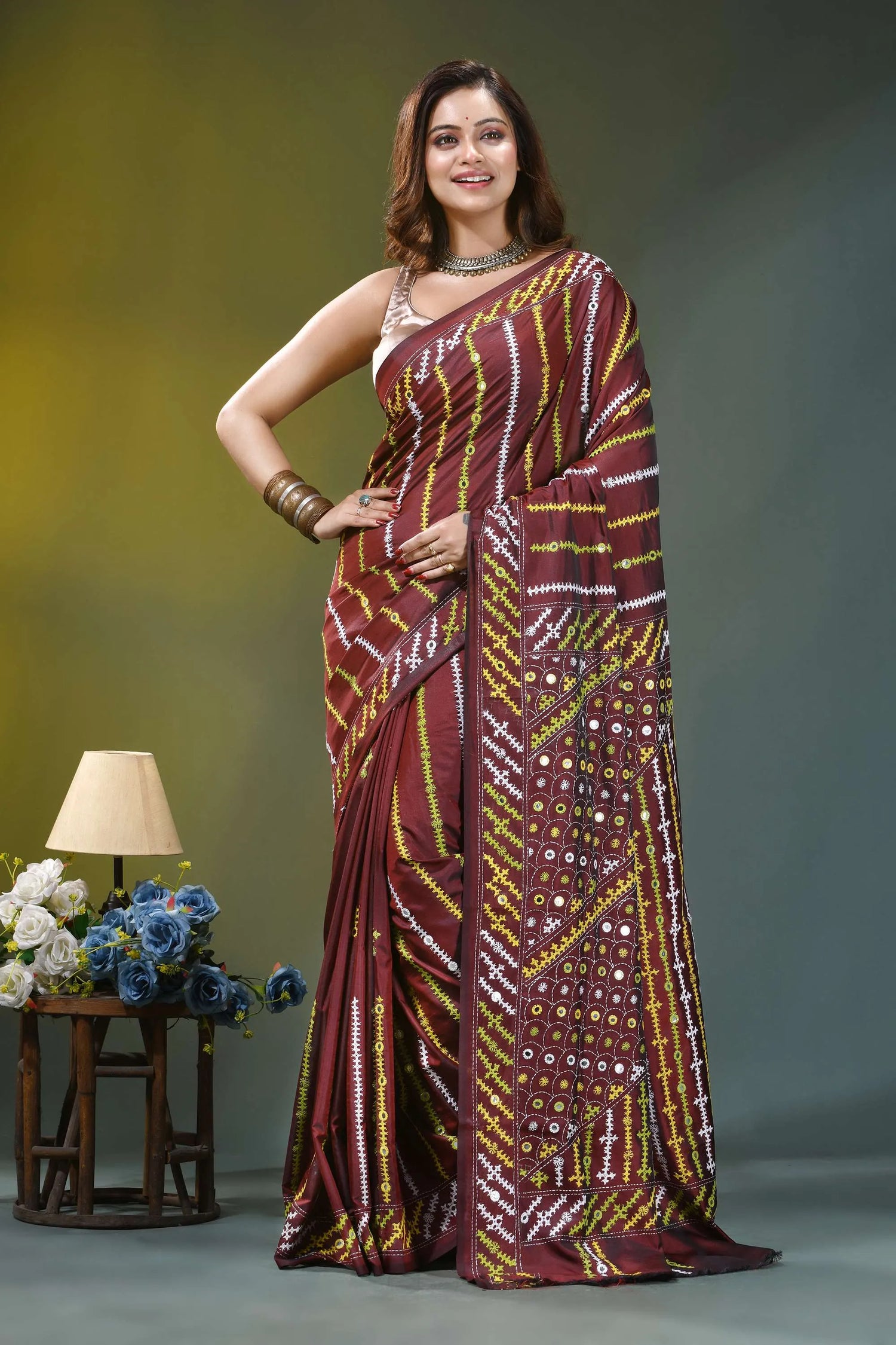 Wine multicolor thread kutch embroidery silk saree - mirror work maroon gold patterned saree intricate 6