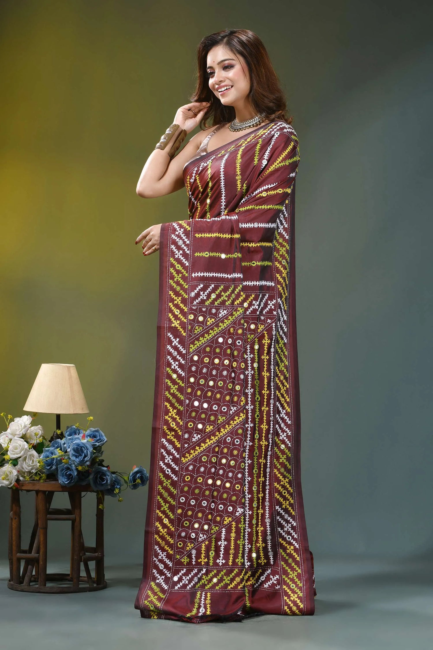 Wine multicolor thread kutch embroidery silk saree - mirror work maroon saree intricate gold white 3