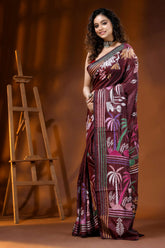 Wine nature theme hand embroidered kantha stitch silk saree 3