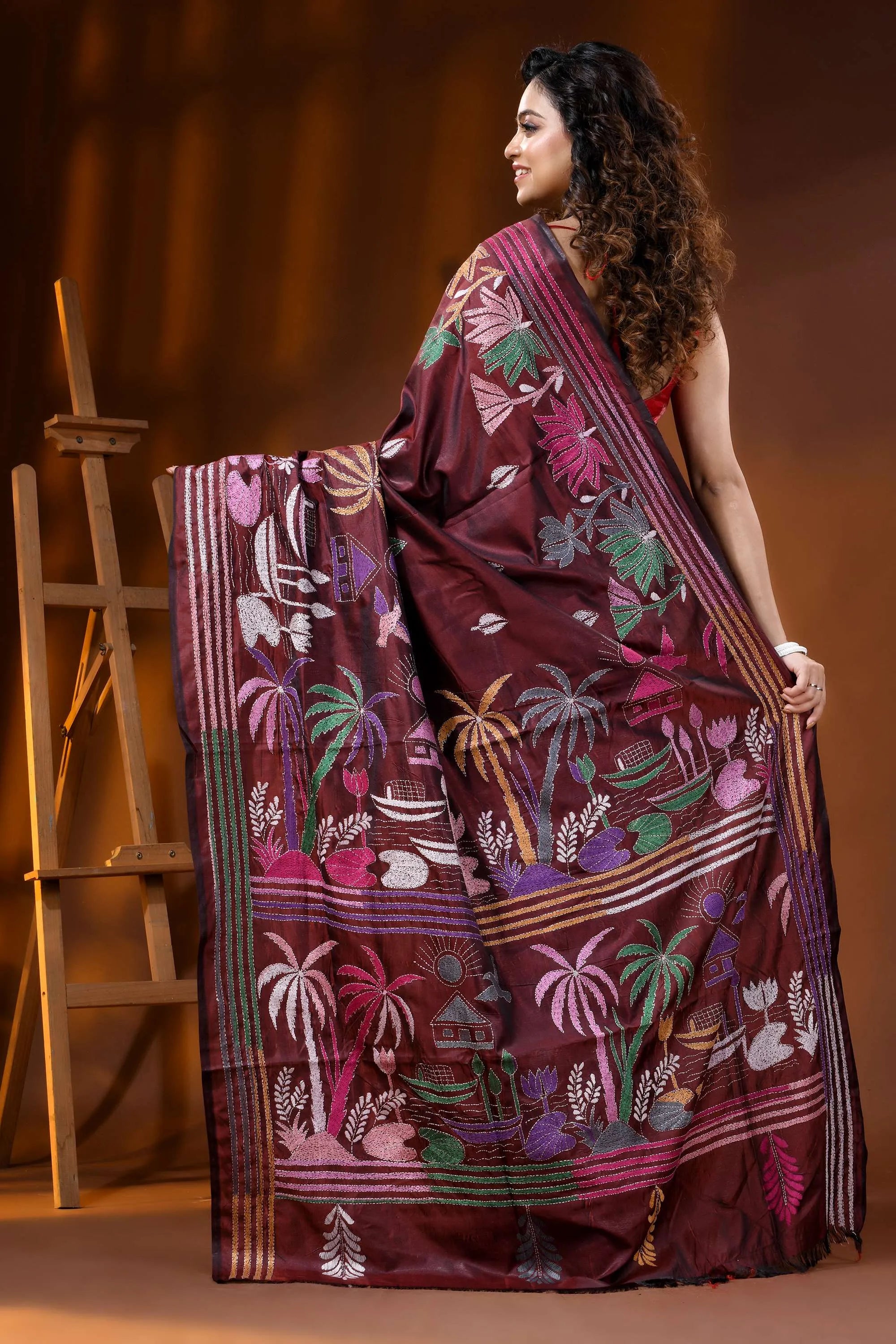 Wine nature theme hand embroidered kantha stitch silk saree 5