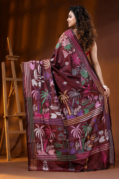 Wine nature theme hand embroidered kantha stitch silk saree 5