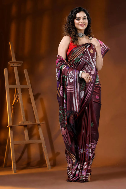 Wine nature theme hand embroidered kantha stitch silk saree 7