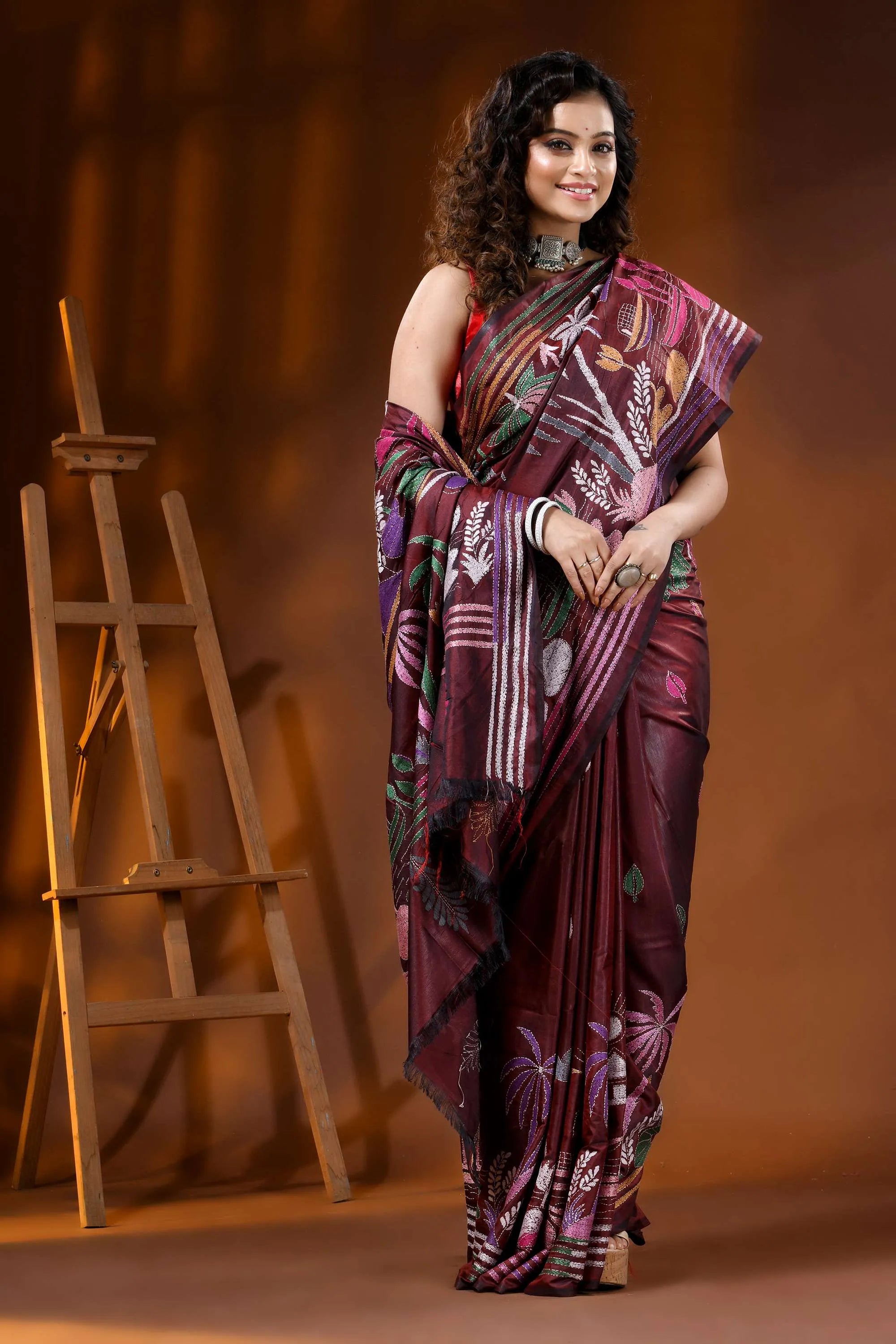 Wine nature theme hand embroidered kantha stitch silk saree 4