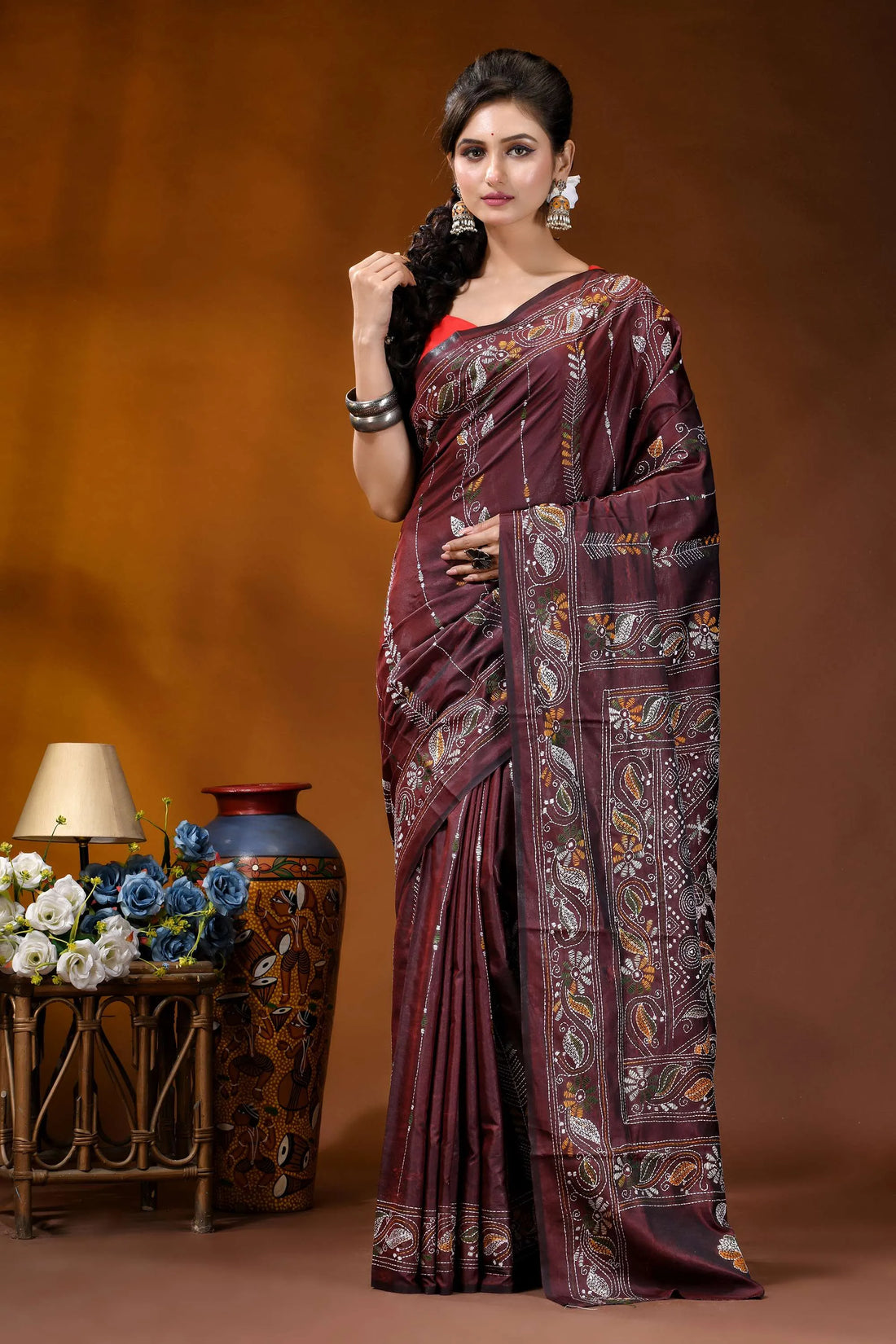 Wine paisley motif hand embroidered silk kantha stitch saree maroon silk saree intricate gold 1