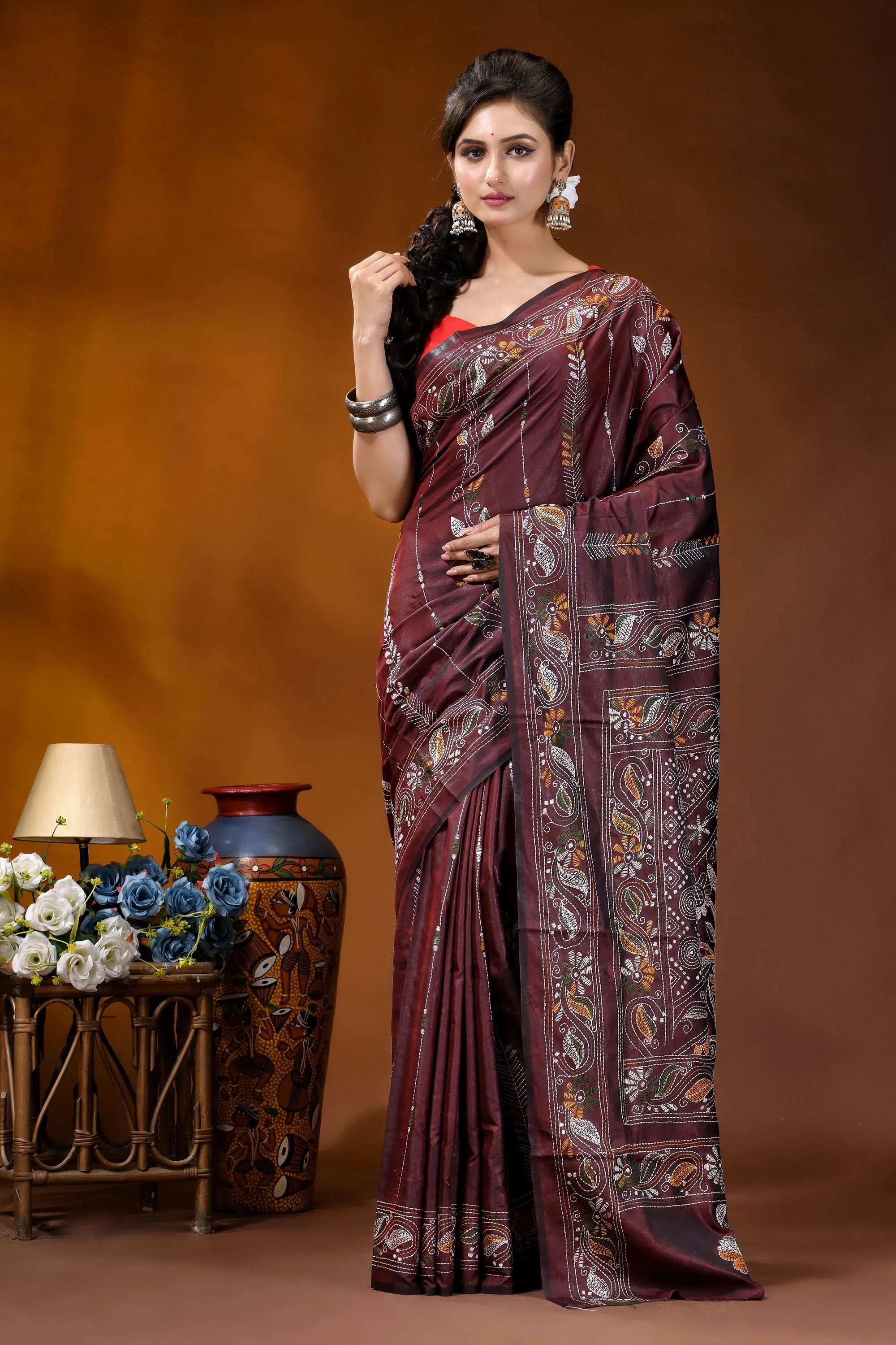 Wine paisley motif hand embroidered silk kantha stitch saree maroon silk saree intricate gold 1
