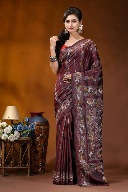 Wine paisley motif hand embroidered silk kantha stitch saree maroon silk saree intricate gold 1