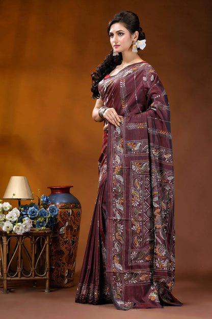 Wine paisley motif hand embroidered silk kantha stitch saree maroon silk saree intricate gold 3