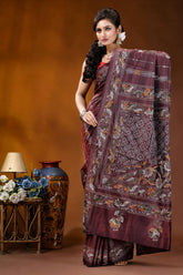 Wine paisley motif hand embroidered silk kantha stitch saree maroon silk saree intricate hand-block 5