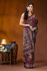 Wine paisley motif hand embroidered silk kantha stitch saree maroon silk saree intricate floral 4