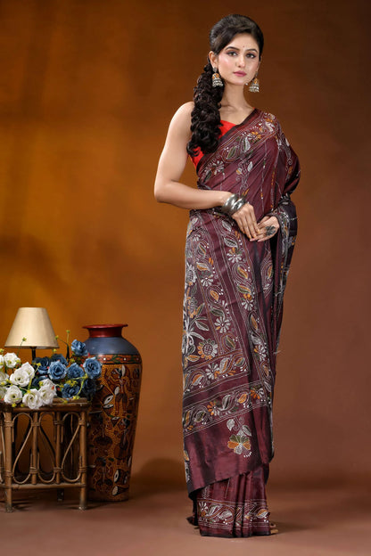 Wine paisley motif hand embroidered silk kantha stitch saree maroon silk saree intricate floral 4