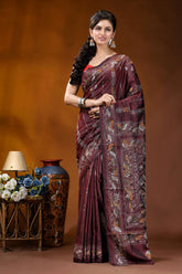 Wine paisley motif hand embroidered silk kantha stitch saree maroon silk saree intricate paisley 2