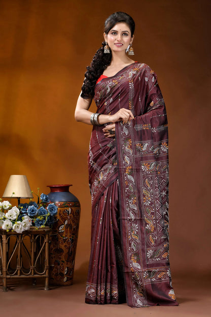 Wine paisley motif hand embroidered silk kantha stitch saree maroon silk saree intricate paisley 2