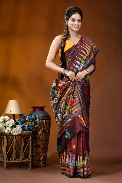 Wine paisley motif multicolor hand embroidered kantha silk saree woman wears maroon silk saree 4