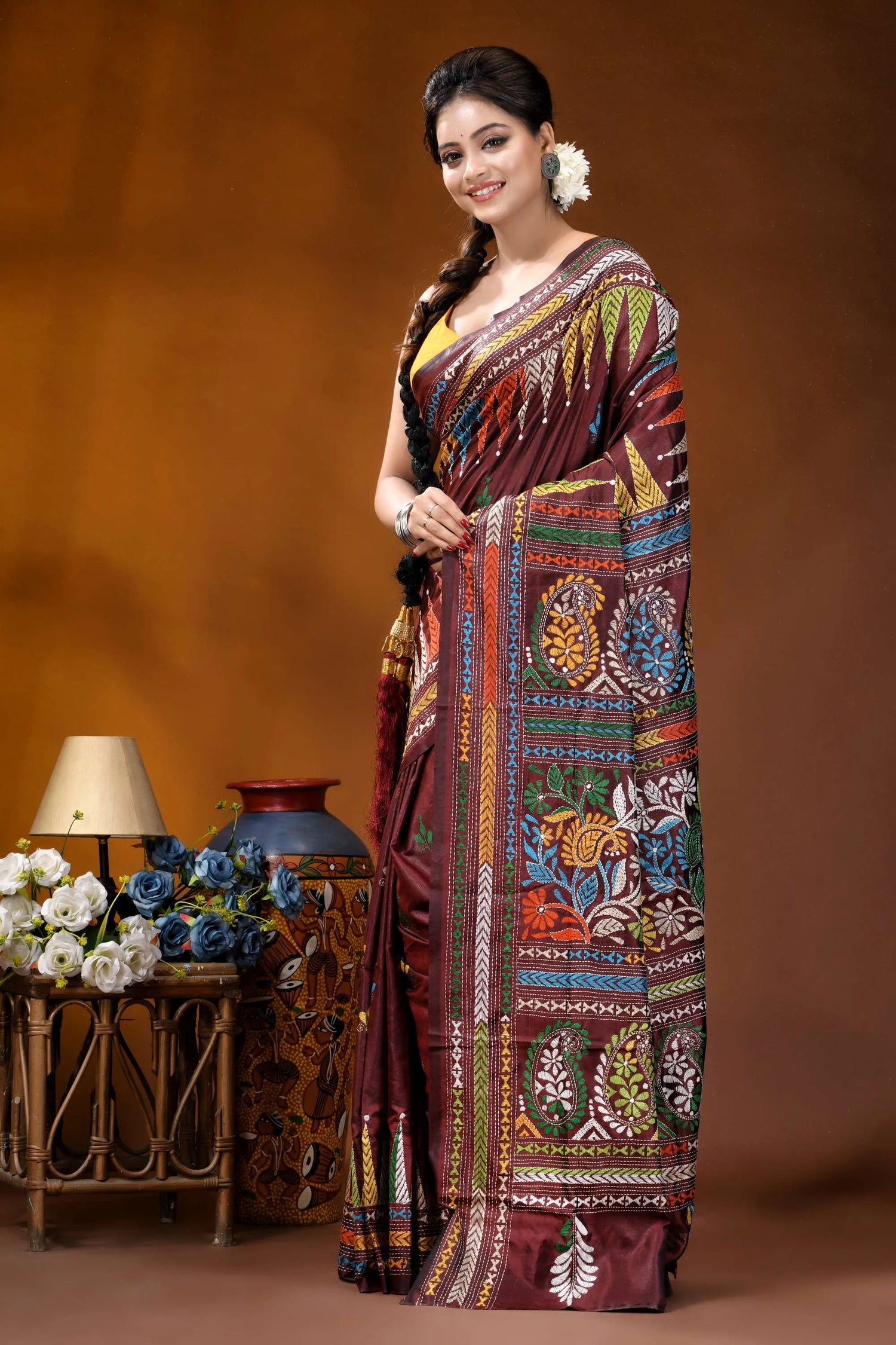 Wine paisley motif multicolor hand embroidered kantha silk saree rich maroon silk saree adorned 3