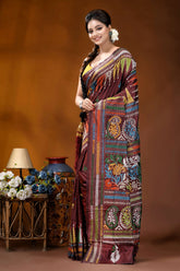 Wine paisley motif multicolor hand embroidered kantha silk saree rich maroon silk saree adorned 3