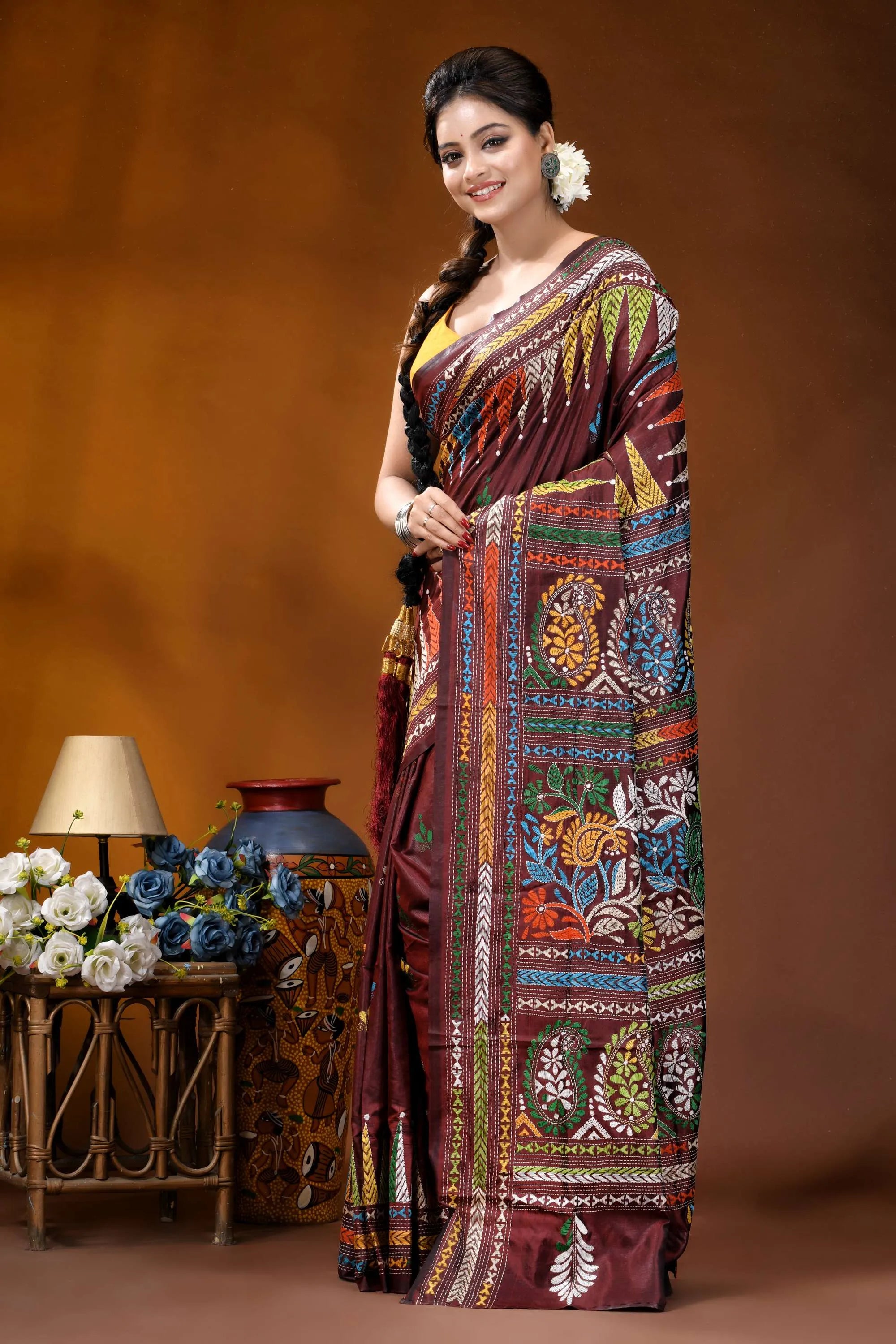 Wine paisley motif multicolor hand embroidered kantha silk saree rich maroon silk saree adorned 3