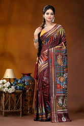 Wine paisley motif multicolor hand embroidered kantha silk saree maroon silk saree intricate multicolored 7