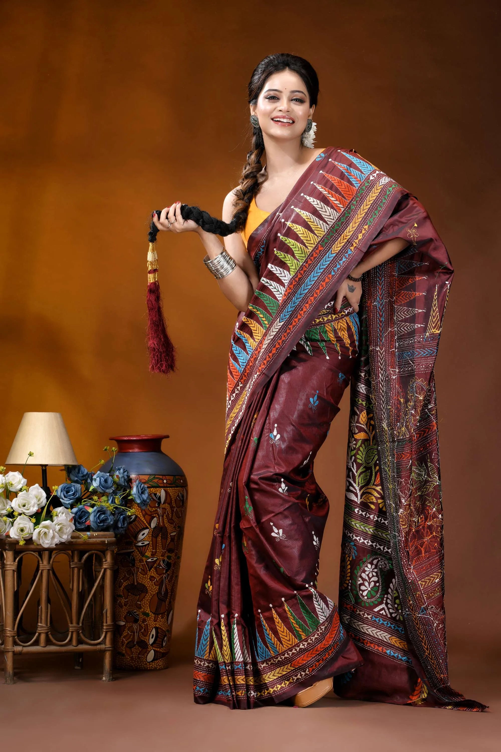 Wine paisley motif multicolor hand embroidered kantha silk saree maroon silk saree intricate multicolored 6