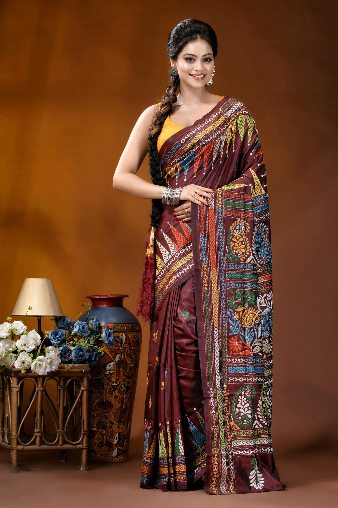 Wine paisley motif multicolor hand embroidered kantha silk saree maroon silk saree intricate multicolored 1