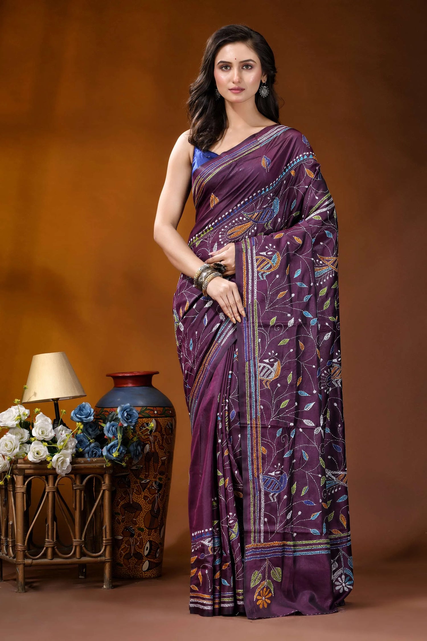 Wine peacock design multicolor hand embroidered kantha silk saree woman wears rich purple silk 1