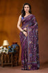 Wine peacock design multicolor hand embroidered kantha silk saree woman wears rich purple silk 1