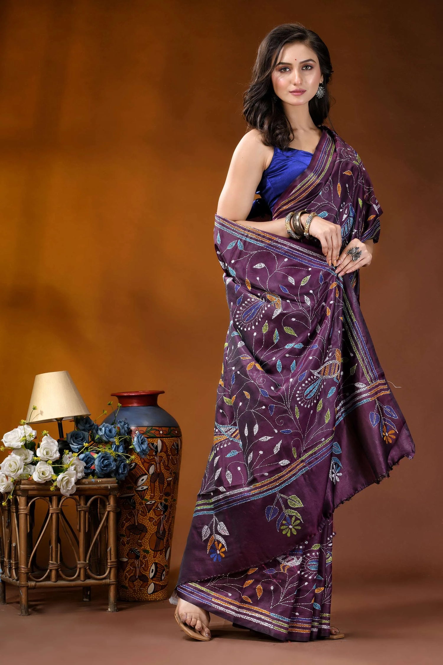 Wine peacock design multicolor hand embroidered kantha silk saree richly embroidered purple silk saree 4
