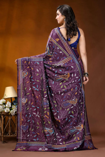 Wine peacock design multicolor hand embroidered kantha silk saree rich purple silk saree adorned 5