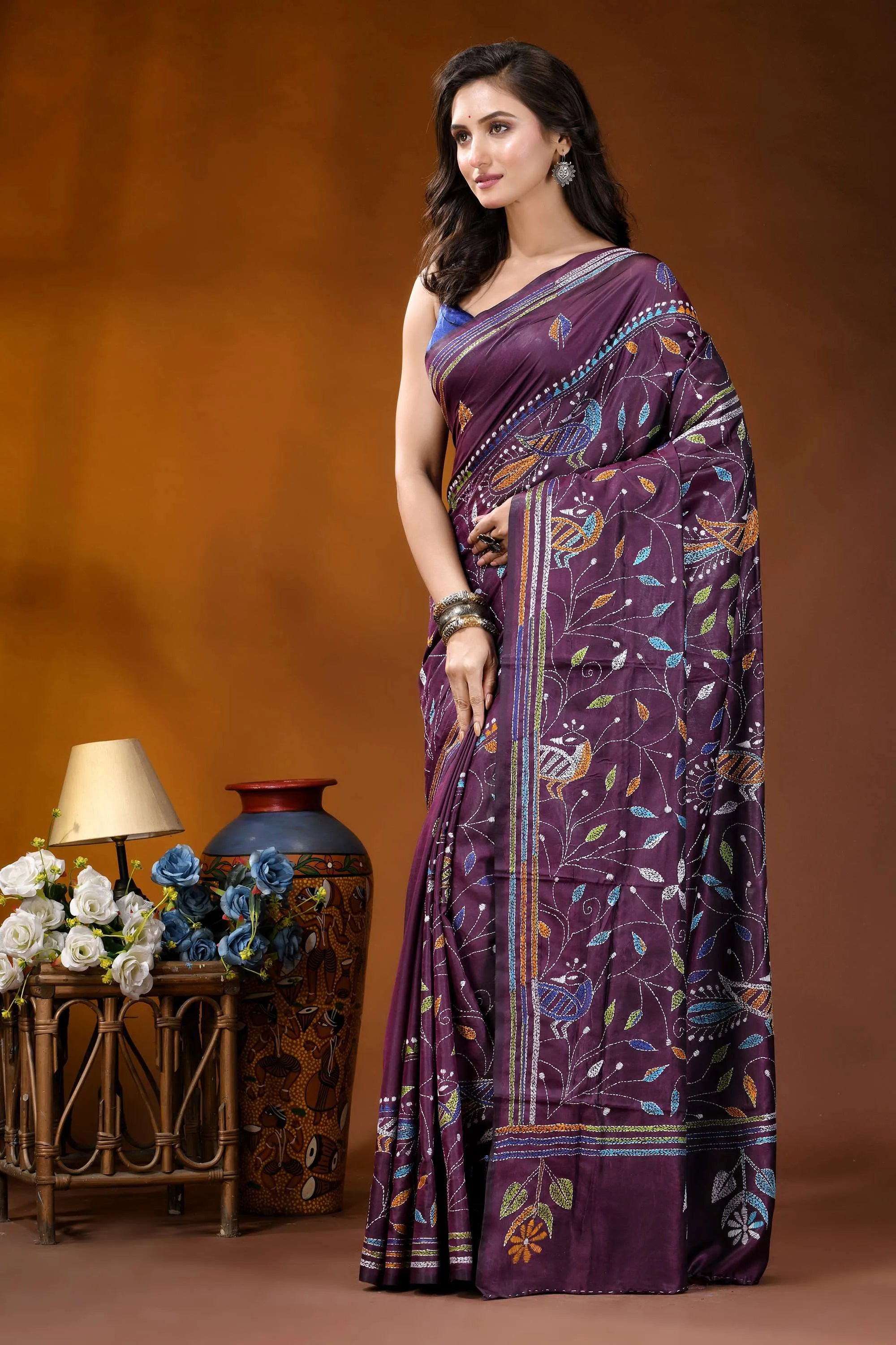Wine peacock design multicolor hand embroidered kantha silk saree woman wears rich purple silk 3