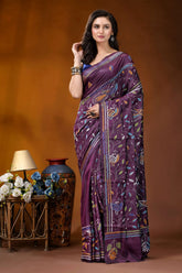 Wine peacock design multicolor hand embroidered kantha silk saree rich purple saree adorned intricate 6
