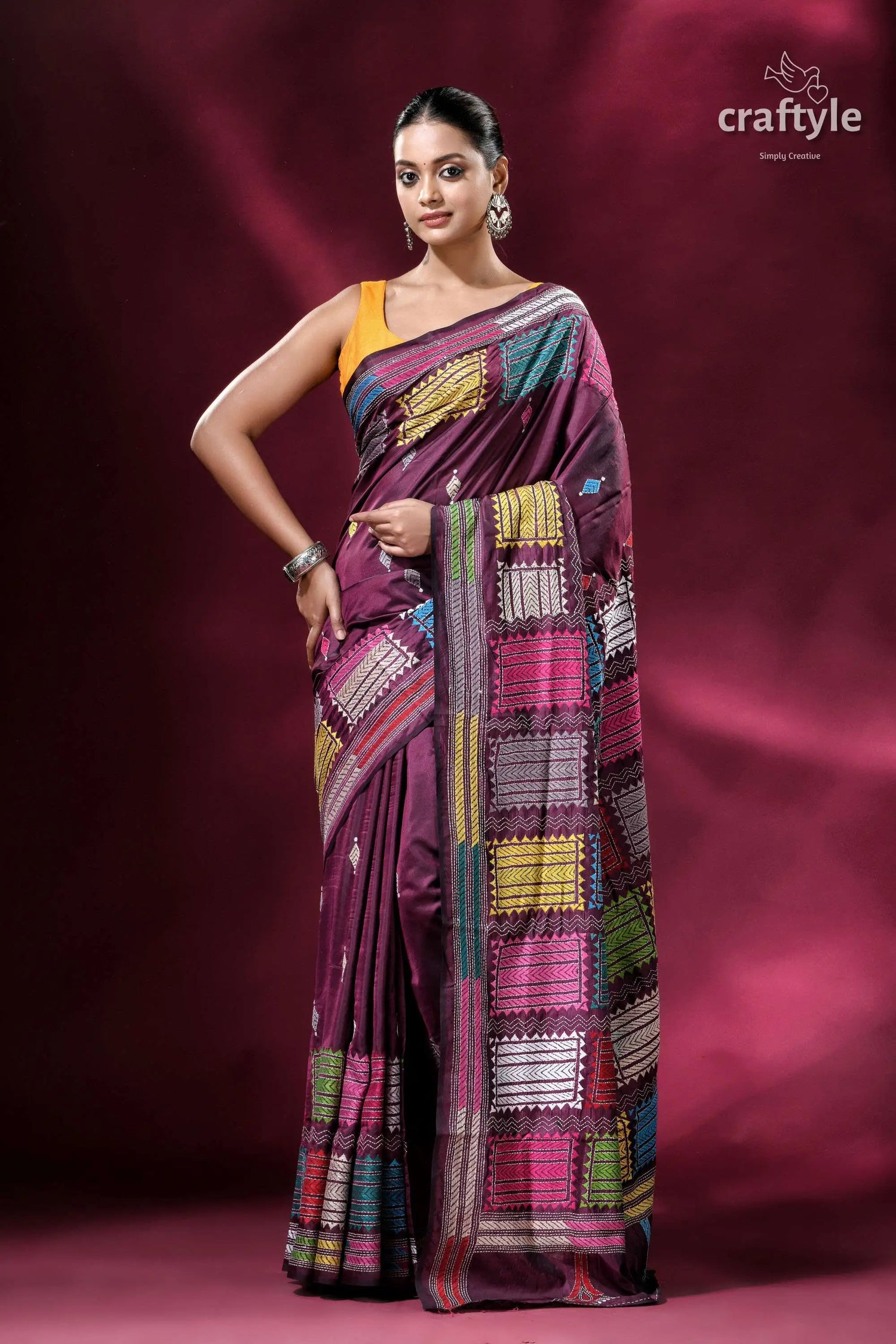Wine purple exclusive kantha stitch blended bangalore silk saree woman purple saree colorful square 1