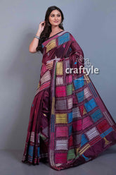 Wine Purple Exclusive Kantha Stitch Blended Bangalore Silk Saree-Craftyle