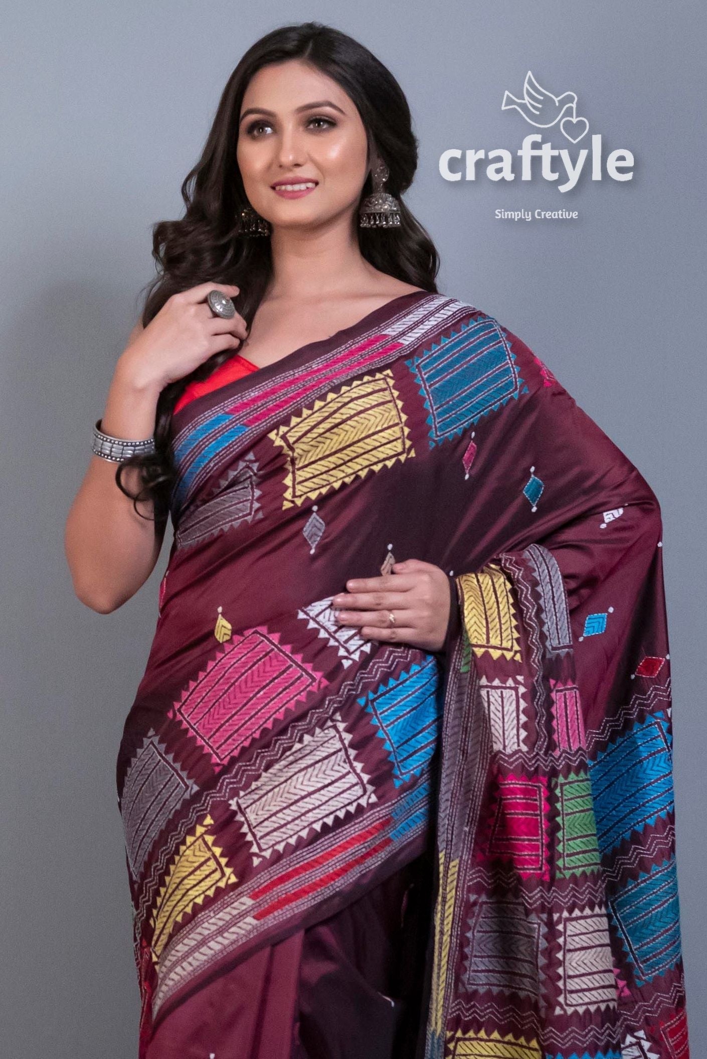 Wine Purple Exclusive Kantha Stitch Blended Bangalore Silk Saree-Craftyle