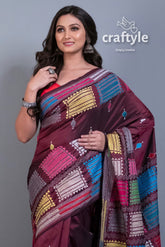 Wine Purple Exclusive Kantha Stitch Blended Bangalore Silk Saree-Craftyle