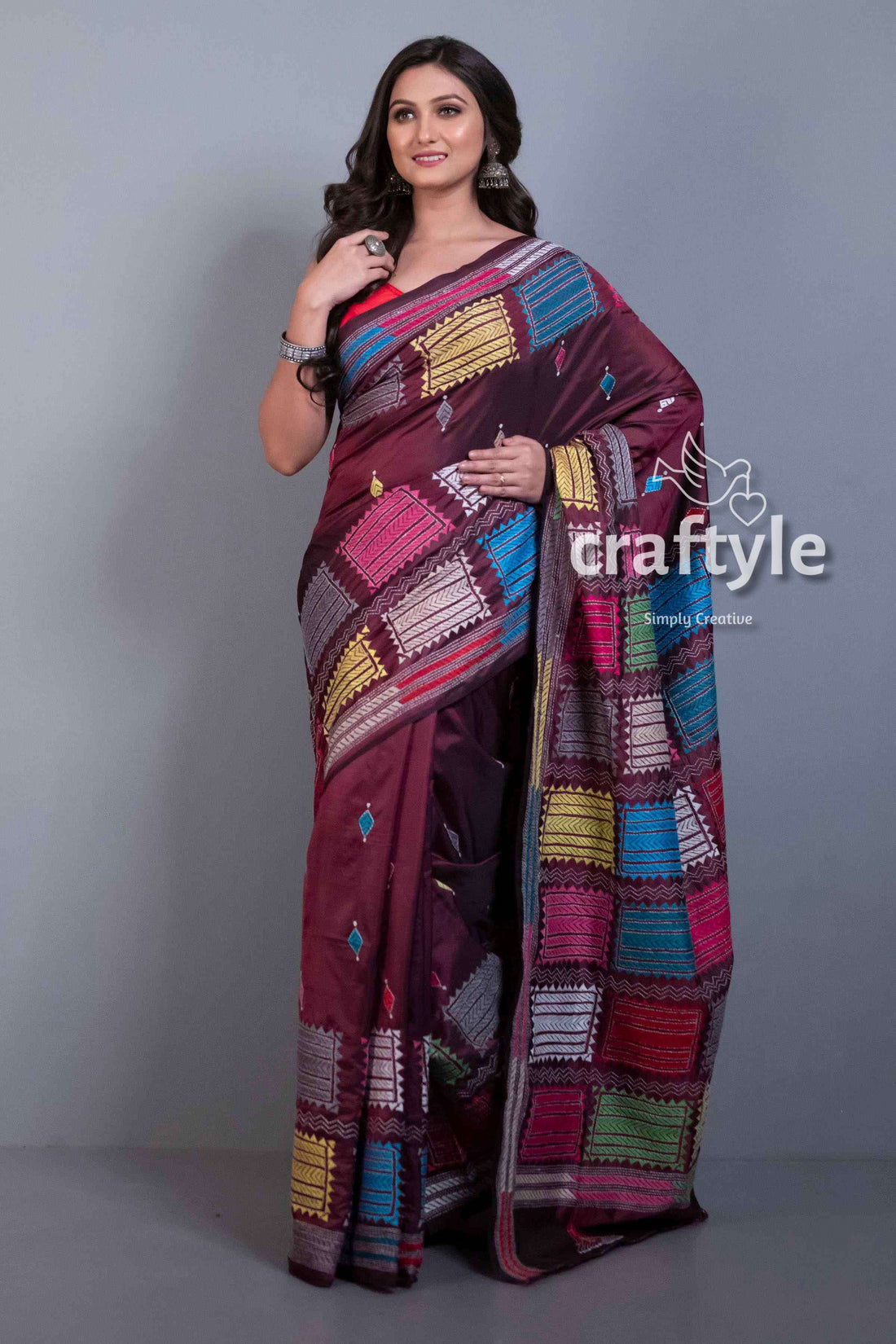 Wine Purple Exclusive Kantha Stitch Blended Bangalore Silk Saree-Craftyle