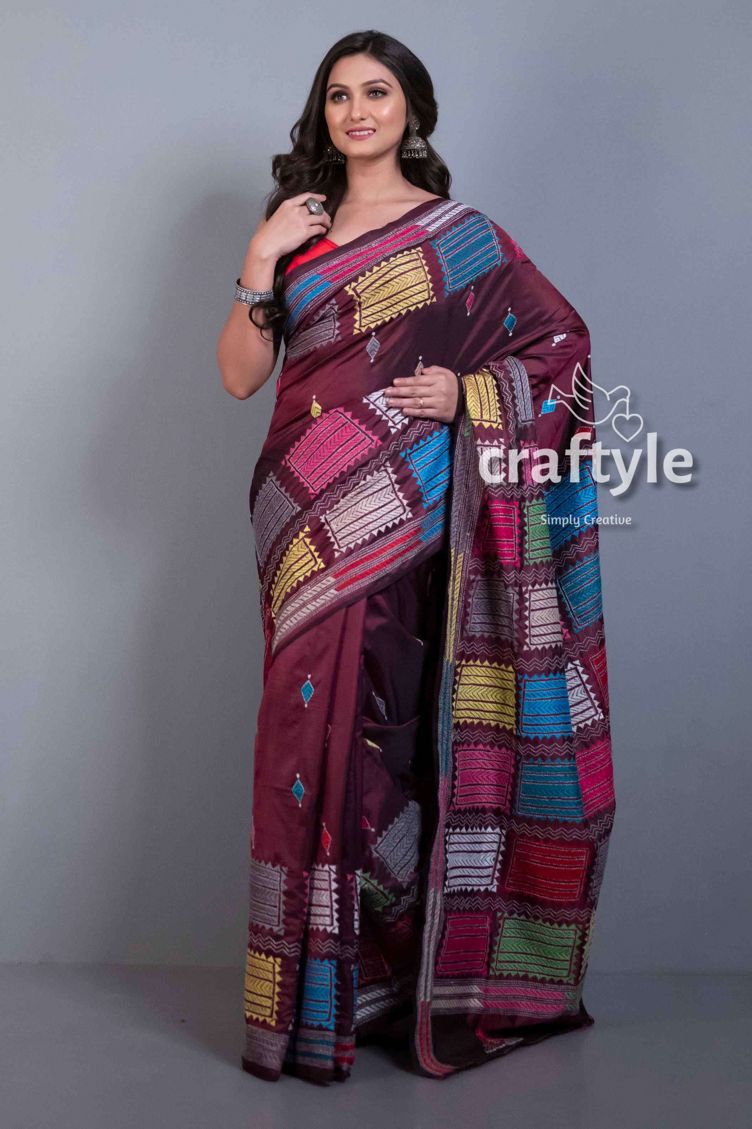 Wine Purple Exclusive Kantha Stitch Blended Bangalore Silk Saree-Craftyle