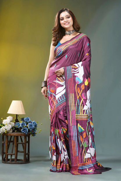 Wine purple exquisite swan motif hand embroidery silk kantha saree vibrant purple saree intricate colorful 7