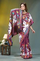 Wine purple exquisite swan motif hand embroidery silk kantha saree woman wears maroon silk saree 6