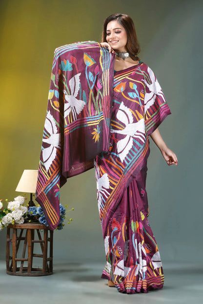 Wine purple exquisite swan motif hand embroidery silk kantha saree woman wears maroon silk saree 6