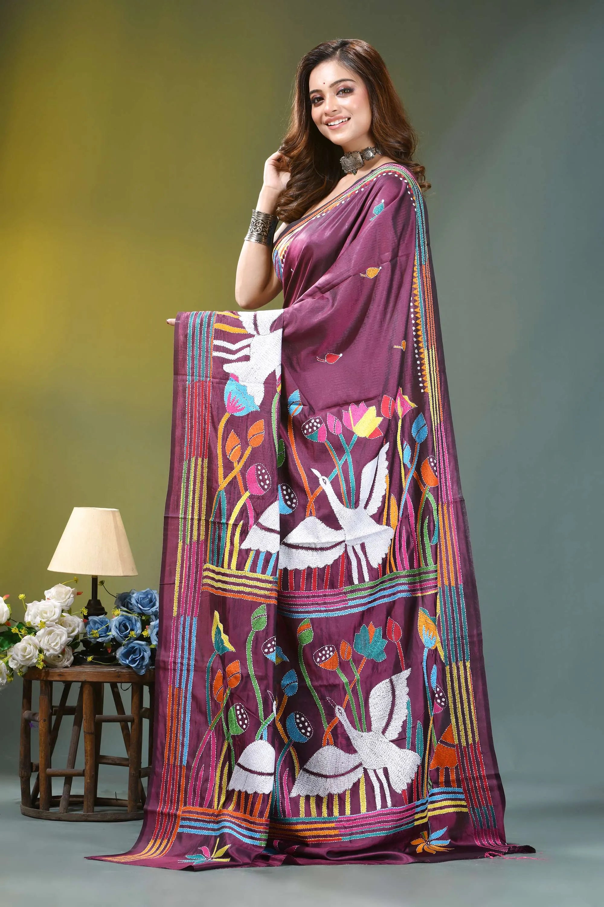 Wine purple exquisite swan motif hand embroidery silk kantha saree vibrant purple saree adorned intricate 3
