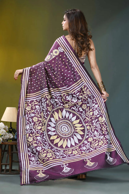 Wine purple floral heritage hand embroidery silk kantha saree gold patterned intricate 5