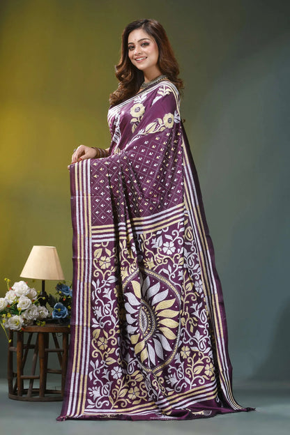 Wine purple floral heritage hand embroidery silk kantha saree woman wears rich 3