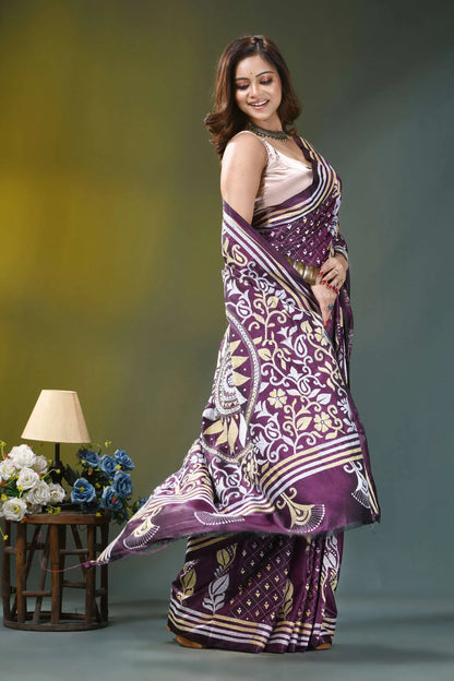 Wine purple floral heritage hand embroidery silk kantha saree woman wears vibrant 4