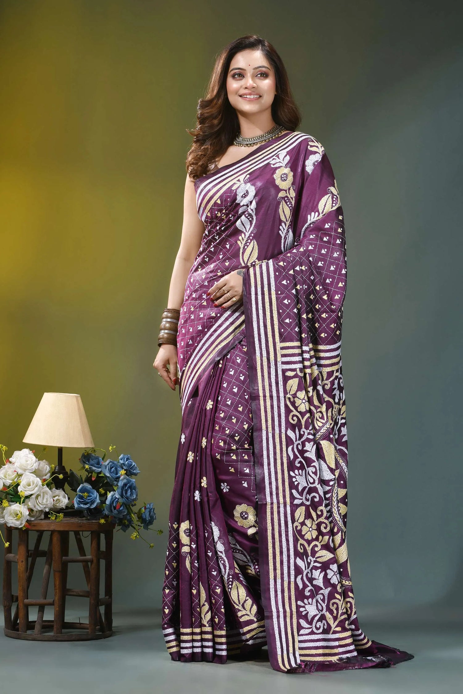 Wine purple floral heritage hand embroidery silk kantha saree woman wears rich 6