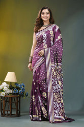 Wine purple floral heritage hand embroidery silk kantha saree woman wears rich 6