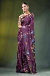 Wine purple floral motif handcrafted silk kantha saree rich adorned 6