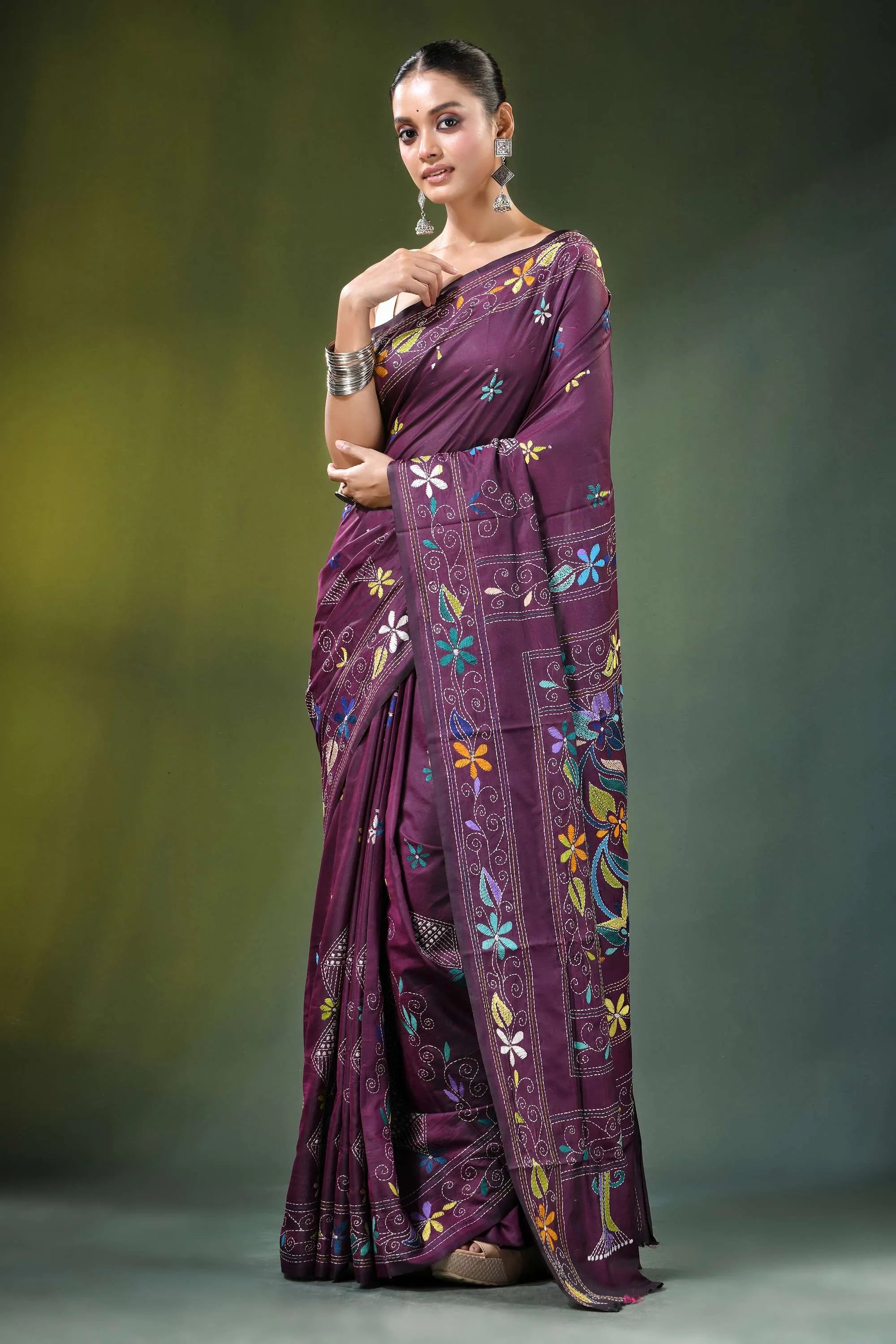 Wine purple floral motif handcrafted silk kantha saree rich adorned 6