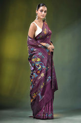Wine purple floral motif handcrafted silk kantha saree rich adorned 4