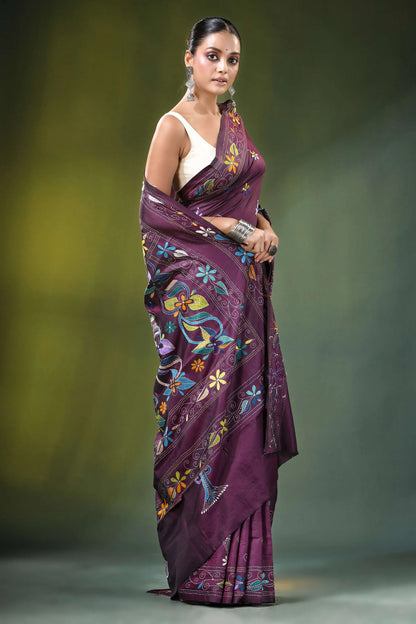 Wine purple floral motif handcrafted silk kantha saree rich adorned 4