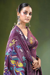 Wine purple floral motif handcrafted silk kantha saree woman wears richly embroidered 2