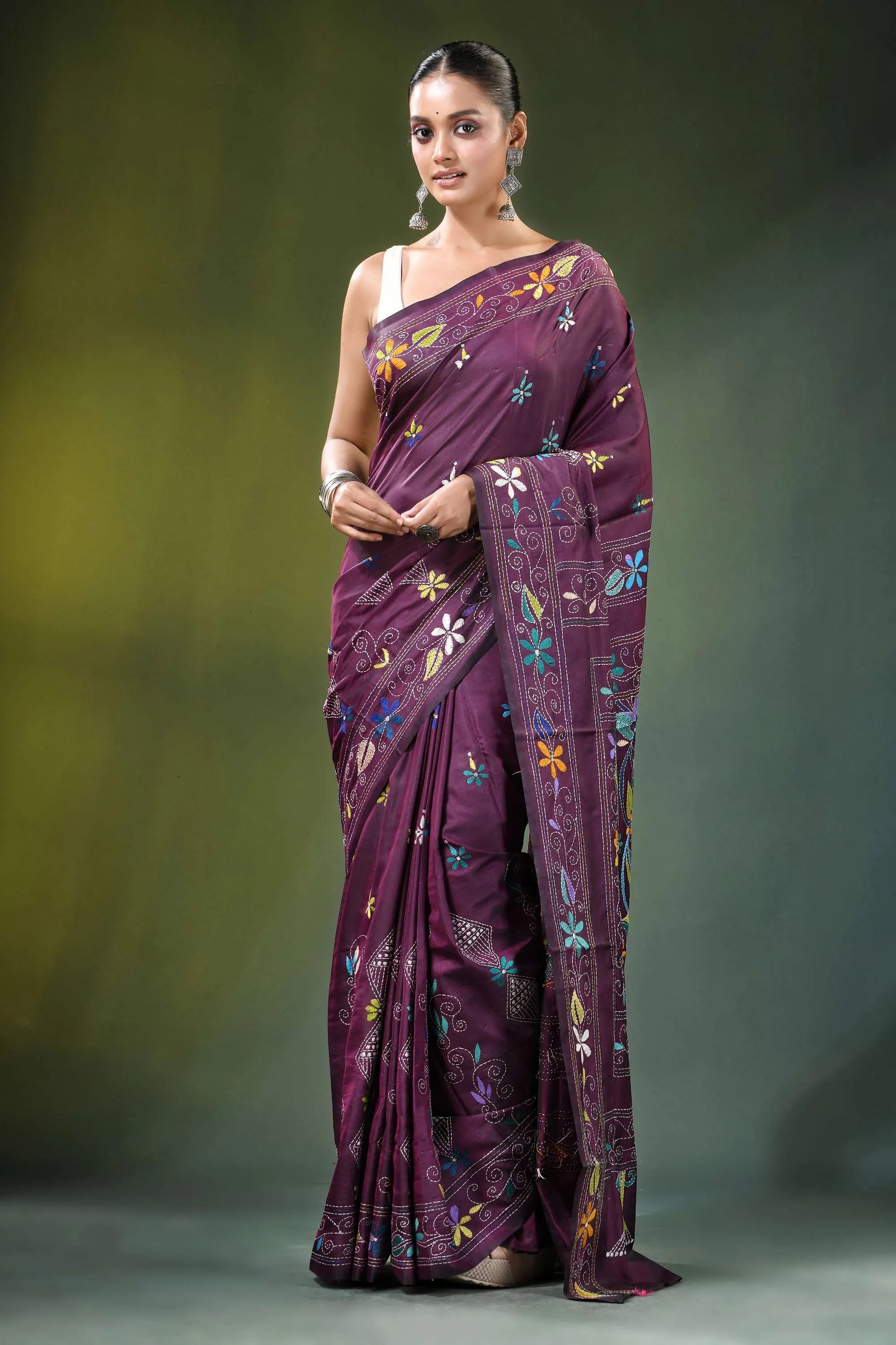 Wine purple floral motif handcrafted silk kantha saree rich adorned 1